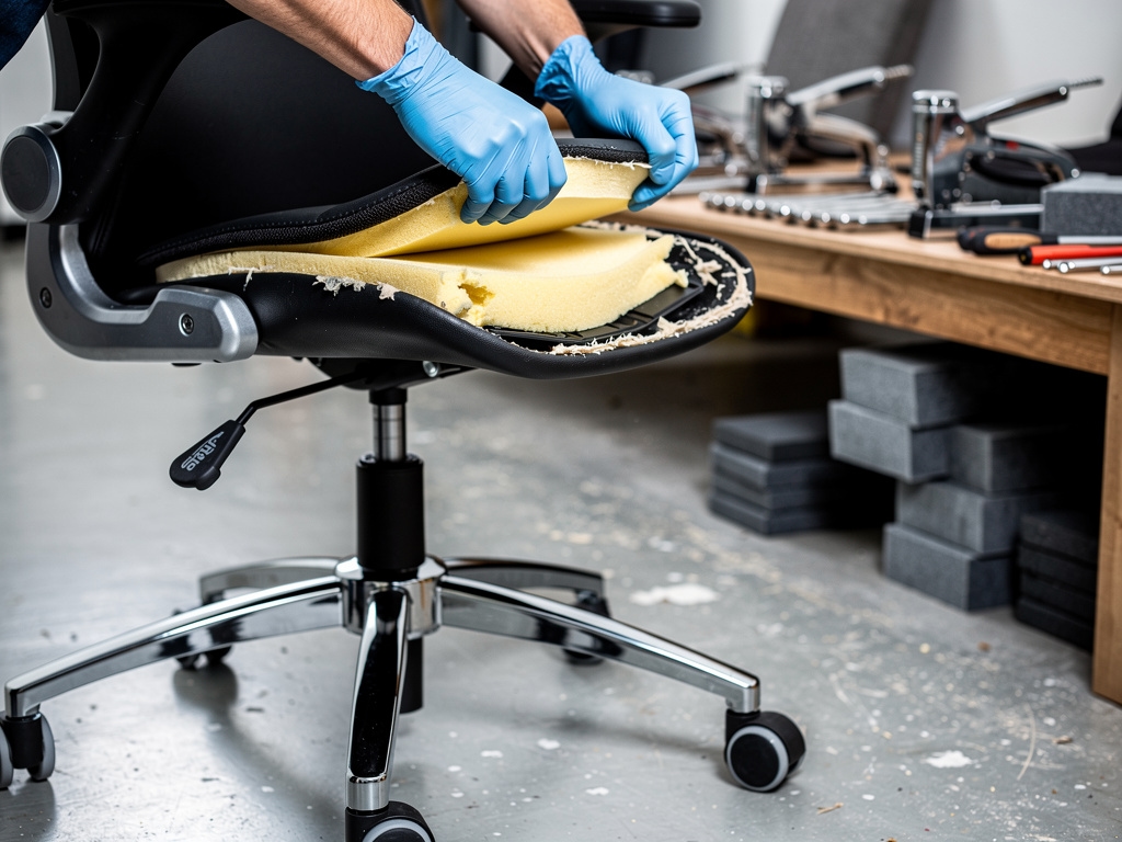 Werkstatt für Bürostuhl-Reparatur mit Werkzeug und Polstermaterial