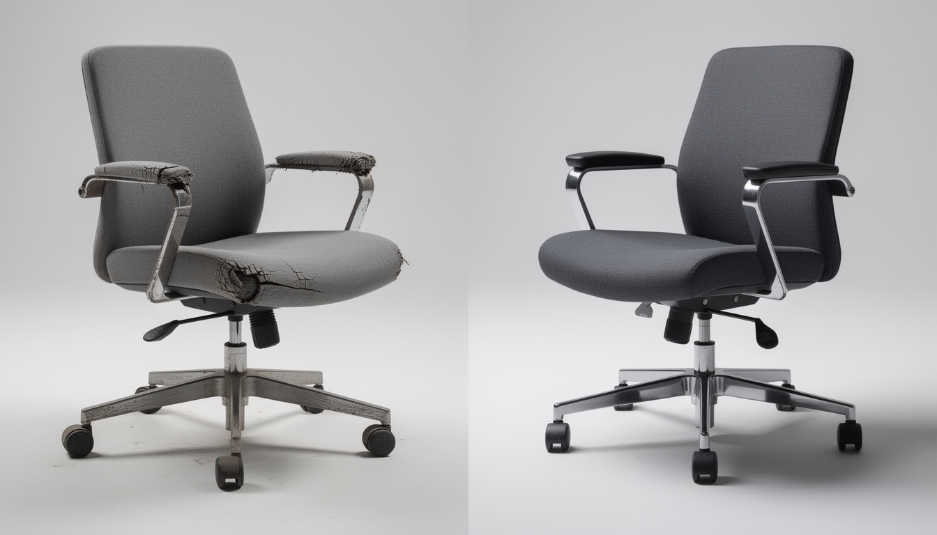 Bürostuhl vor und nach der Aufarbeitung in der Werkstatt
